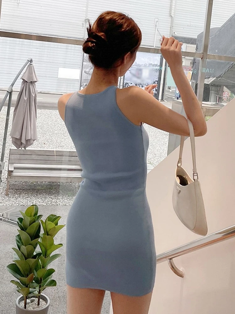 เดรสสเวตเตอร์ รัดรูป สีพื้น ผ้าริบถัก - สีน้ำเงิน - ดู 2