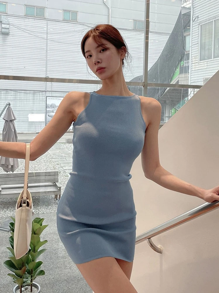 เดรสสเวตเตอร์ รัดรูป สีพื้น ผ้าริบถัก - สีน้ำเงิน - ดู 4
