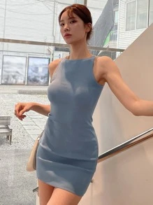 DAZY 純色肋編針織修身毛衣裙