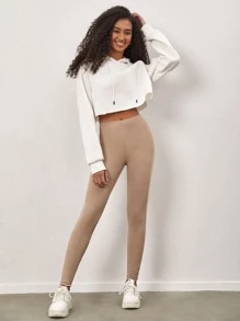 SHEIN BASICS Solid Ribbed Knit Leggings - Apricot - View 3