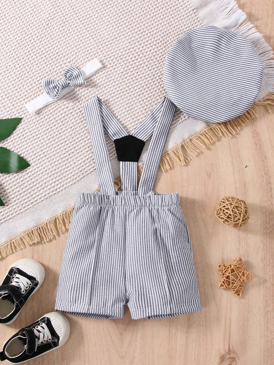 Baby Boy Striped Print Pinafore Shorts & Hat & Headband - Grey - View 1
