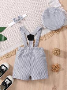 Baby Boy Striped Print Pinafore Shorts & Hat & Headband - Grey - View 2