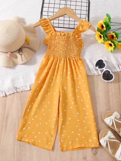Baby Heart Print Ruffle Trim Wide Leg Jumpsuit