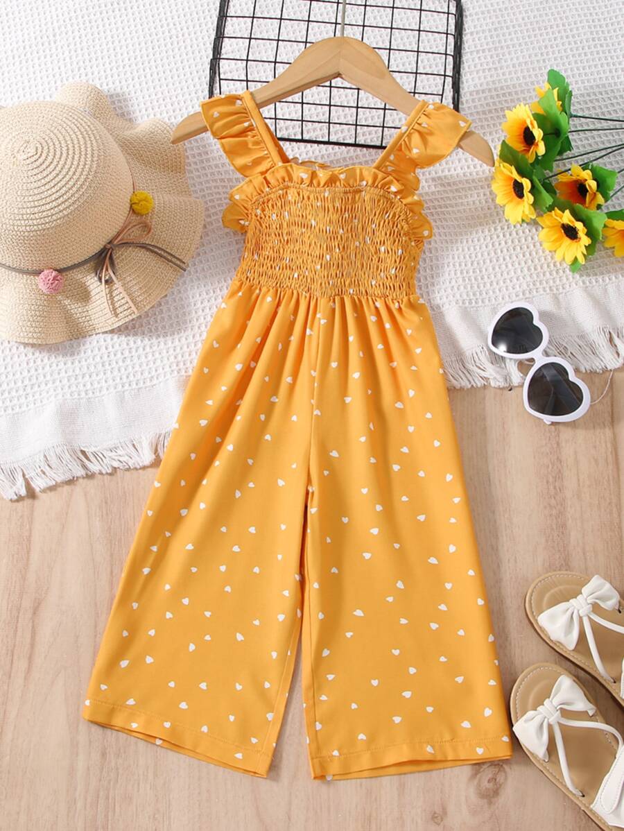 Baby Heart Print Ruffle Trim Wide Leg Jumpsuit - Yellow - View 1