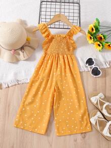 Baby Heart Print Ruffle Trim Wide Leg Jumpsuit - Yellow - View 2