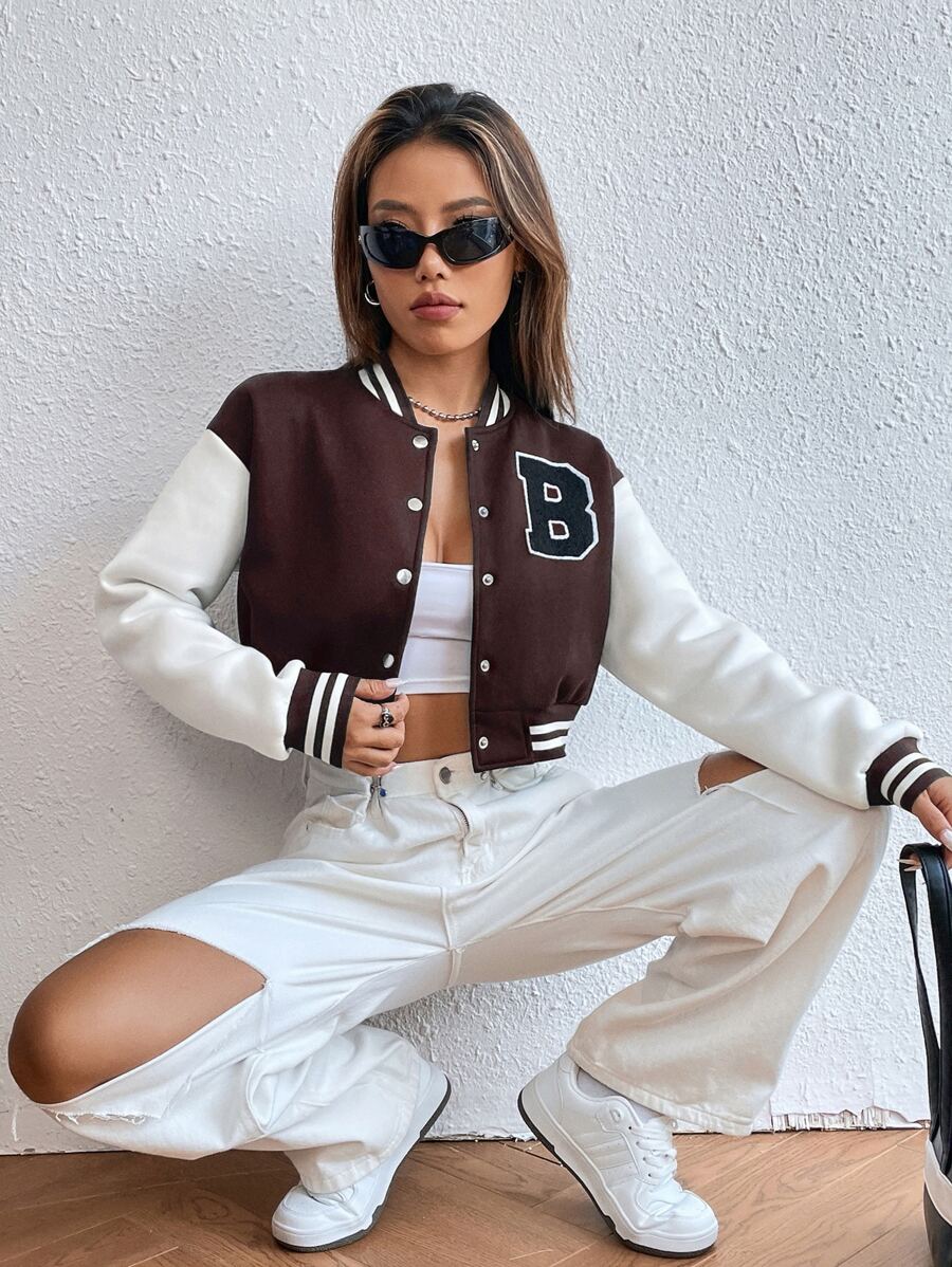 SHEIN Unity Áo khoác nữ Tương phản ràng buộc Nút phía trước Khối Màu Lá thư Sẵn sàng - Màu nâu Sô-cô-la - Xem 1