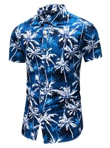 NITAGUT 男士椰子樹圖案襯衫 - 藏蓝色 - 查看 1