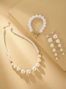 4入組人造珍珠裝飾珠寶套裝 - 白色 - 查看 2