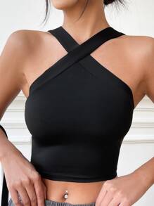 SHEIN BAE Solid Crisscross Crop Halter Top - Black - View 3