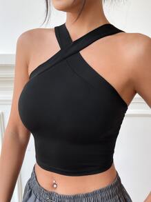 SHEIN BAE Solid Crisscross Crop Halter Top - Black - View 4