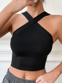 SHEIN BAE Solid Crisscross Crop Halter Top - Black - View 5