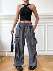 SHEIN BAE Solid Crisscross Crop Halter Top - Black - View 6