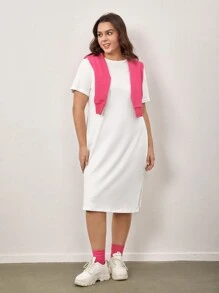 SHEIN BASICS 大碼素色開衩下擺連衣裙 - 白色 - 查看 4