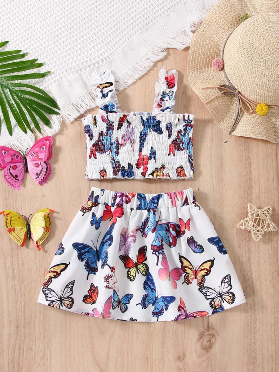 Baby Butterfly Print Frill Trim Cami Top & Skirt - White - View 1