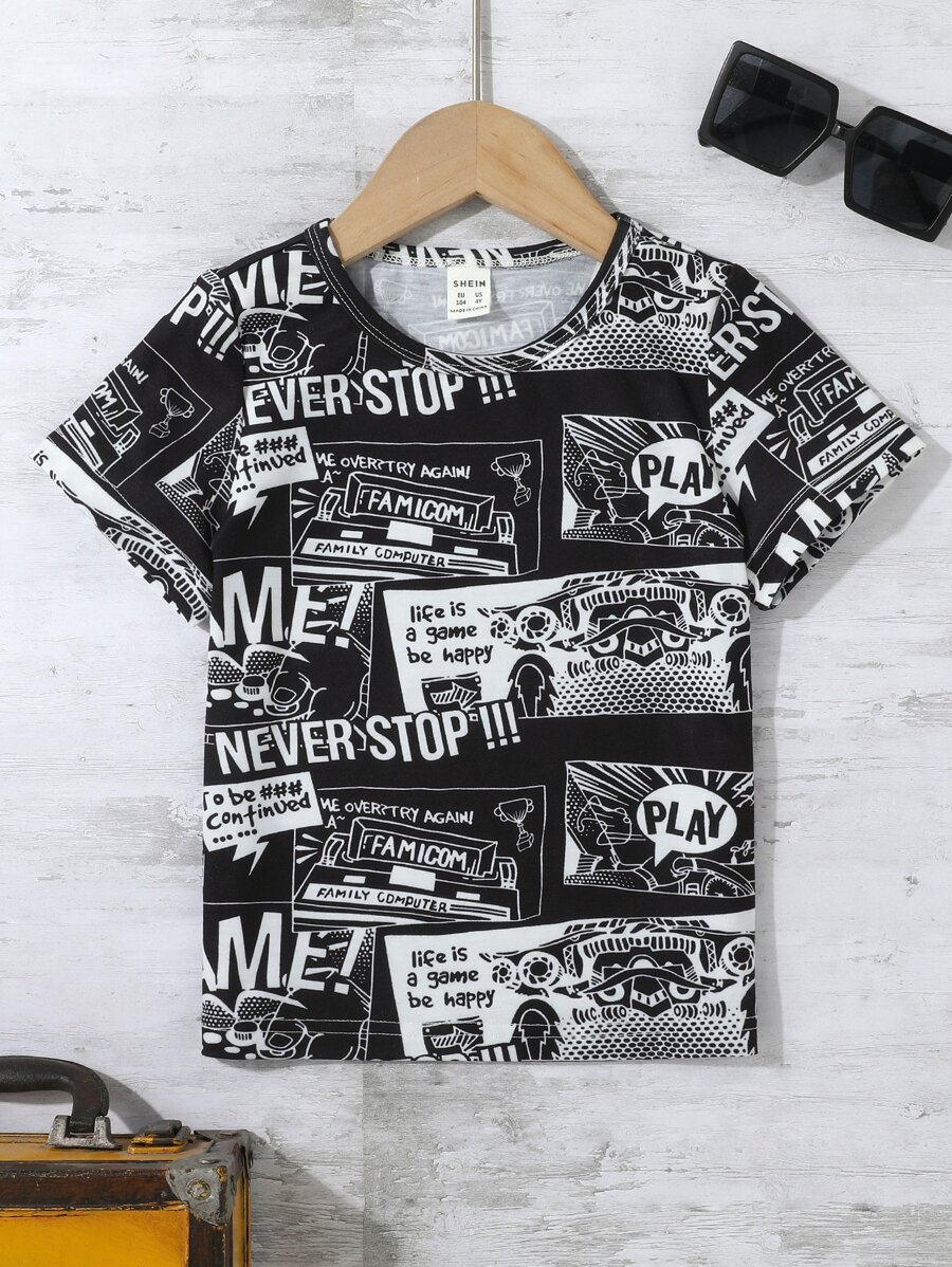 小男童字母和卡通圖案T恤