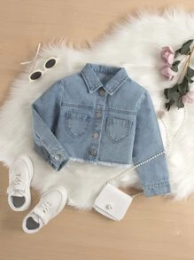Young Girl Patched Pocket Raw Hem Crop Denim Shirt - Light Wash - View 1