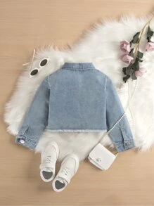 Young Girl Patched Pocket Raw Hem Crop Denim Shirt - Light Wash - View 2