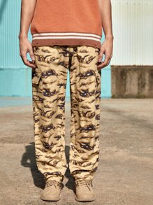 ROMWE MEN Guys Camo Print Flap Pocket Side Cargo Pants - Khaki - View 5