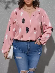 SHEIN Clasi 大碼羽毛印花缺口領襯衫 - 藕粉色 - 查看 1