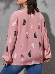 SHEIN Clasi 大碼羽毛印花缺口領襯衫 - 藕粉色 - 查看 2