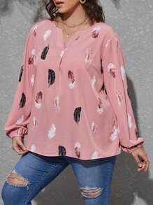 SHEIN Clasi 大碼羽毛印花缺口領襯衫 - 藕粉色 - 查看 3