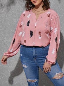 SHEIN Clasi 大碼羽毛印花缺口領襯衫 - 藕粉色 - 查看 4