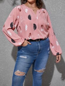 SHEIN Clasi 大碼羽毛印花缺口領襯衫 - 藕粉色 - 查看 5