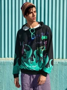 ROMWE MEN Guys Letter & Fire Graphic Hoodie - Multicolor - View 1