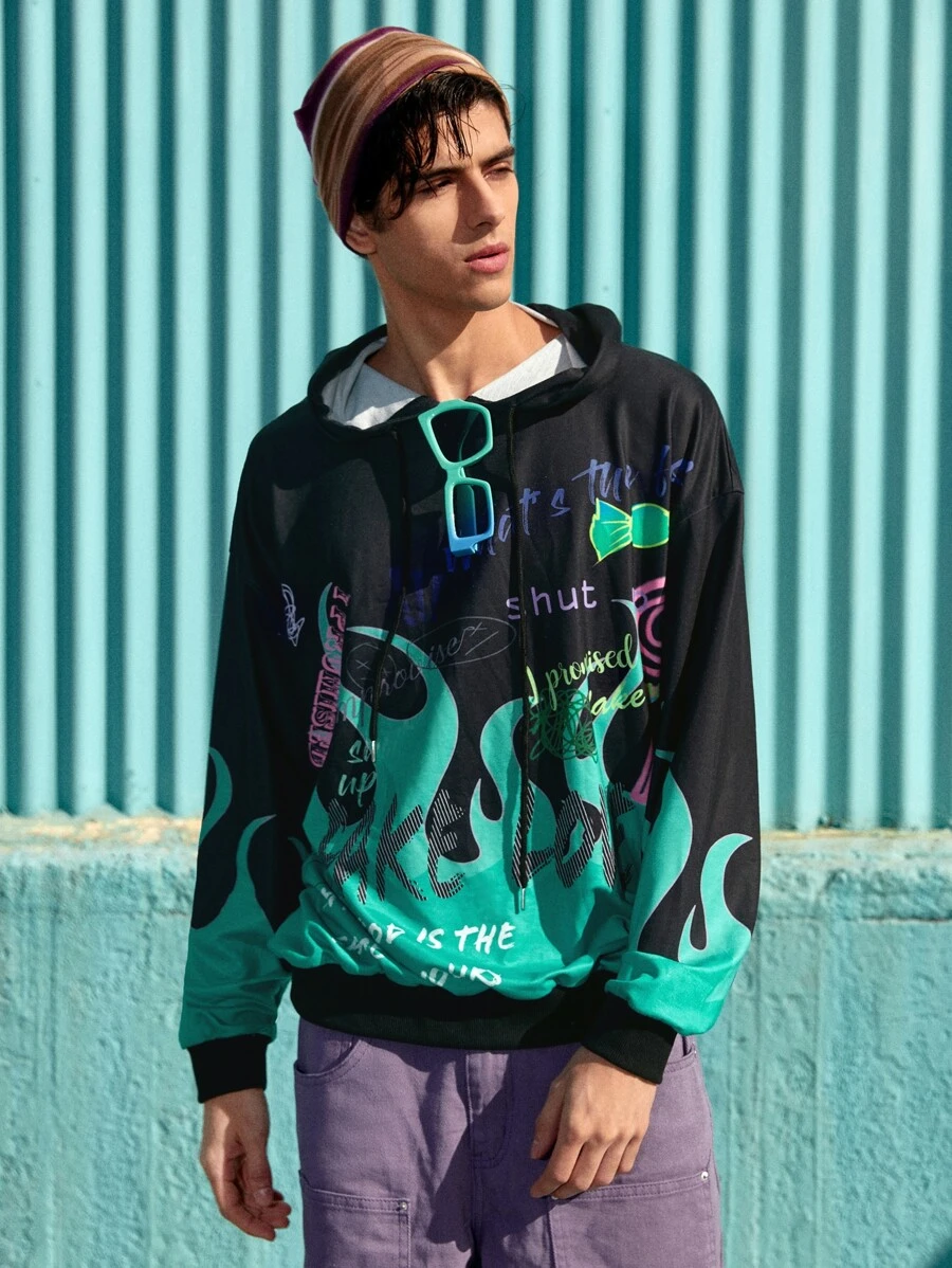 ROMWE MEN Guys Letter & Fire Graphic Hoodie - Multicolor - View 1