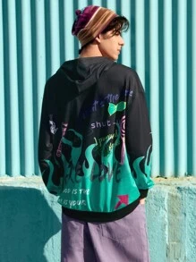 ROMWE MEN Guys Letter & Fire Graphic Hoodie - Multicolor - View 2