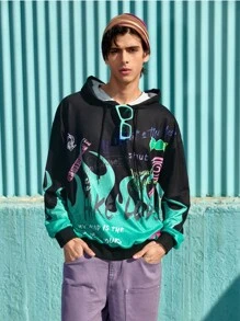 ROMWE MEN Guys Letter & Fire Graphic Hoodie - Multicolor - View 3