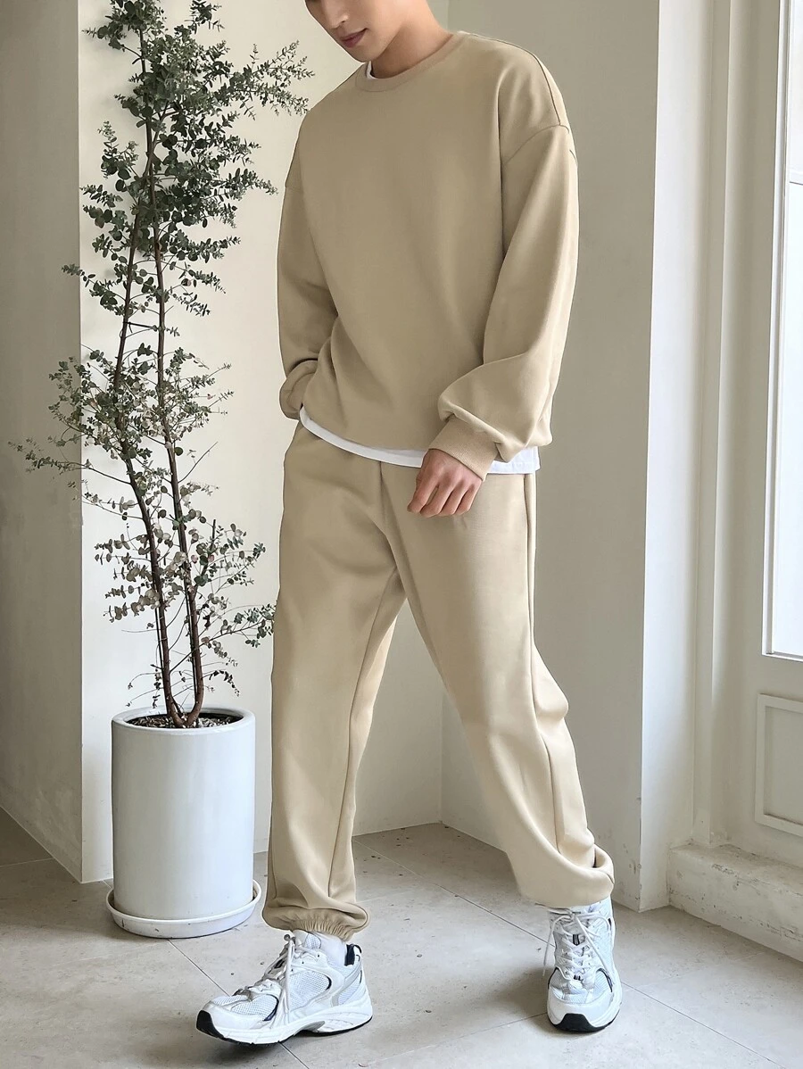 DAZY Men Solid Drop Shoulder Sweatshirt & Joggers - Khaki - View 1