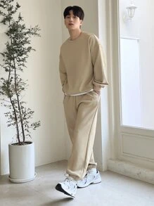 DAZY Men Solid Drop Shoulder Sweatshirt & Joggers - Khaki - View 3