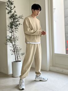 DAZY Men Solid Drop Shoulder Sweatshirt & Joggers - Khaki - View 4