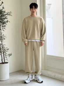 DAZY Men Solid Drop Shoulder Sweatshirt & Joggers - Khaki - View 5