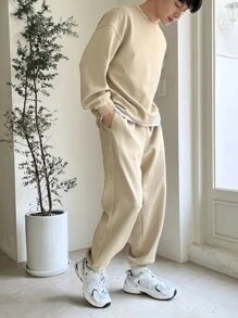 DAZY Men Solid Drop Shoulder Sweatshirt & Joggers - Khaki - View 7