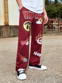 ROMWE MEN Street Life Guys Cartoon & Letter Graphic Sweatpants - Burgundy - View 4