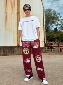 ROMWE MEN Street Life Guys Cartoon & Letter Graphic Sweatpants - Burgundy - View 5