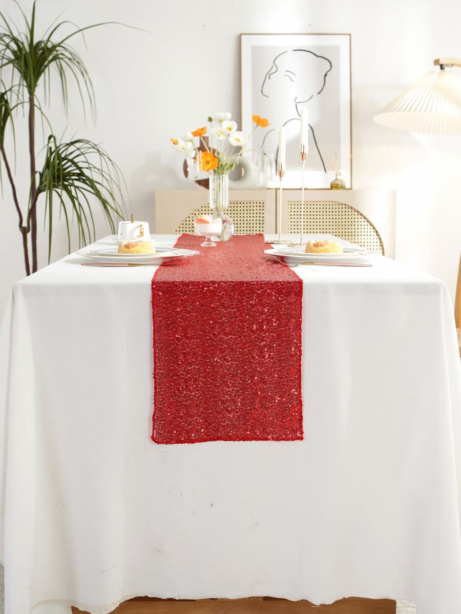1pc Party Delight Red Sequin Table Runner For Wedding Party, Bridal Baby Shower - Red - View 1