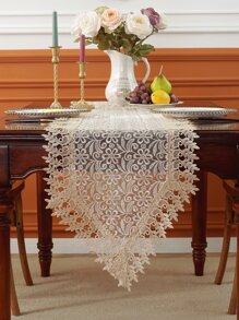 1 Pc Organza Fabric Embroidered Lace Edge Table Runner, Suitable For Kitchen, Dining Table, Living Room, TV Cabinet, Cupboard, Conference Table, Desk, Coffee Table, Vanity, Home Decor, Placemat, Outdoor Furniture, Garden, Holidays, Parties, Weddings, All Seasons, Multiple Sizes Available