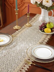 1 Pc Organza Fabric Embroidered Lace Edge Table Runner, Suitable For Kitchen, Dining Table, Living Room, TV Cabinet, Cupboard, Conference Table, Desk, Coffee Table, Vanity, Home Decor, Placemat, Outdoor Furniture, Garden, Holidays, Parties, Weddings, All Seasons, Multiple Sizes Available