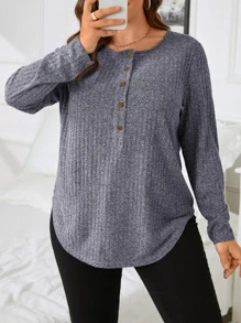 SHEIN LUNE 大碼半排扣弧形下擺T恤 - 深灰色 - 查看 1