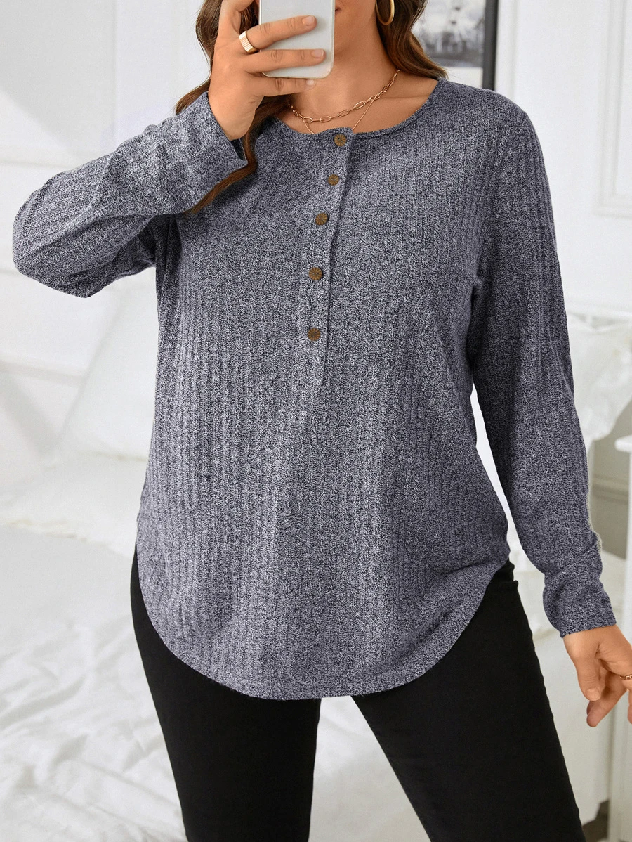 SHEIN LUNE 大碼半排扣弧形下擺T恤 - 深灰色 - 查看 1