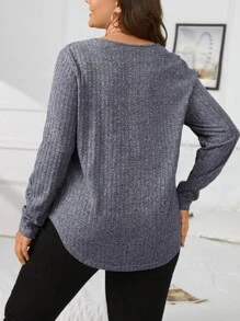 SHEIN LUNE 大碼半排扣弧形下擺T恤 - 深灰色 - 查看 2