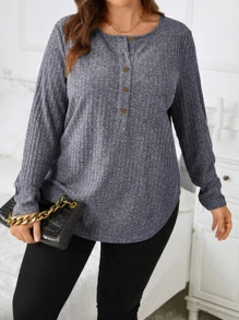 SHEIN LUNE 大碼半排扣弧形下擺T恤 - 深灰色 - 查看 3