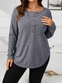 SHEIN LUNE 大碼半排扣弧形下擺T恤 - 深灰色 - 查看 4