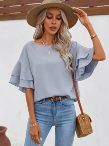 Chiquease Solid Flounce Sleeve Waffle Knit Top - Dusty Blue - View 1