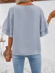 Chiquease Solid Flounce Sleeve Waffle Knit Top - Dusty Blue - View 2