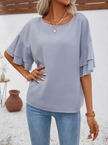 Chiquease Solid Flounce Sleeve Waffle Knit Top - Dusty Blue - View 4