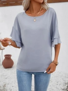 Chiquease Solid Flounce Sleeve Waffle Knit Top - Dusty Blue - View 5